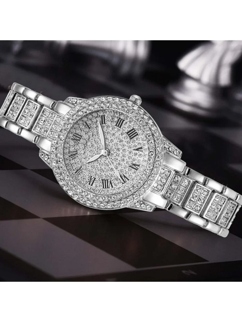 Women's Silver Full Diamond Bling Rhinestone Crystal Adjustable Bracelet Watch